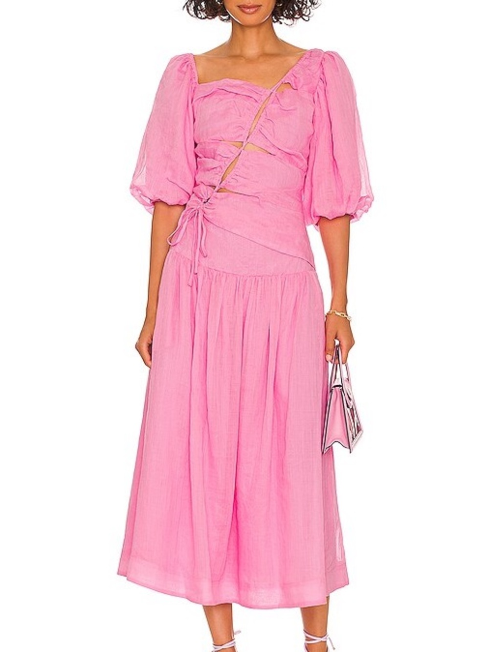 Nicholas Wren Dress Pink Puff-Sleeve Midi Dress with cut outs